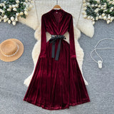 Fongt Light Luxury Famous Woman High-End Sense V Collar Long Sleeve Strap To Close The Waist Velvet Dress Women Autumn And Winter Lanky Dress