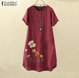 Summer Floral Printed Dress Women Vintage Plaid Checked Short Sleeve Sundress Casual Beach Vestido