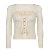 Y2K Sweet Cute Crop Top Lace Frill Bow Pullovers Vintage Square Collar T Shirt Women Skin Button Prepply Korean