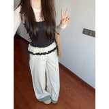 Fongt Rice White Temperament Spliced High-Waisted Casual Pants Women Spring New Small Loose Broad Legs Long Trousers