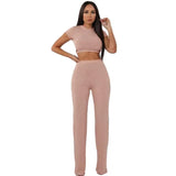 knitted long sleeve o-neck crop top wide leg pants 2 piece set for female women tops pants two pieces sets women's