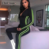 Fitness Jumpsuit Women Casual Elastic Skinny Long Romper 2019 New Side Striped Patchwork Turtleneck