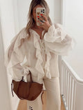 Fongt High-End Design Pure Color Temperament Chiffon Lotus Side Zipper Top With Comfortable Loose Long-Sleeved Shirt