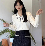 Fongt Autumn New Female Fragrant Wind Bottoming Spliced Temperament Sweater College Style Doll Collar Bow Knitted