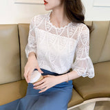 Women's Blouse Lace Shirt Solid Summer New Slim Fashion Casual Net Yarn Hollow Top Korean Style Female Clothing Slim