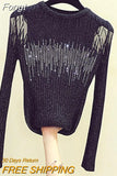 Diamonds Thin Knitted Sweater Female Hollow Out Sweaters Women 2023 Autumn Sexy Tops Bright Wire Pullover Woman