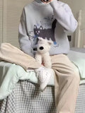 Fongt Academy Wind Knitted Sweater Woman Design Sensing Cat Pattern Lazy Small Knitted T-Shirt Winter