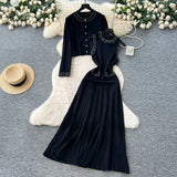 Fongt Small Fragrant Style Wearing Women's Autumn Fashion Nail Ball Collar Sleeveless Knitted Dress Long Sleeve Open Shirt Coat