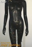 Rhinestones See Through Mini Dress Sexy Sleeveless Fishnet Hollow Out Dresses Women Summer Beach Sexy Cover