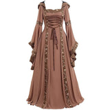 Vintage Swing Dress Square Collar Lace Waist Flared Sleeve Halloween