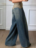 Fongt Splicing Retro Leopard-Print Broad-Legged Pants Jeans Women's Niche To Make Old Loose Breathable Straight Pants