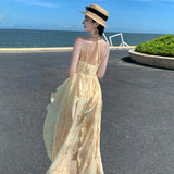 Fongt Summer Vacation Gentle Yellow Tune Dyed Flowers With Neck Flounce Print Skirt Beach Skirt-Outfit