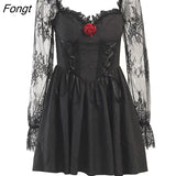 Black Gothic Grunge Party A-Line Women Dresses See Through Bodycon Dark Sexy Jacquard Lace Lolita Dress Vintage