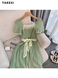 Summer Fairycore Backless Square Collar Bow Lace-up Green Long Dresses Women High Waist Chiffon Loose Evening