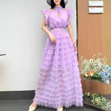 Fongt Niche Elegant Dress Women's High-End Lace Short Sleeves To Show Thin Multi-Layer Pongeist Long Dress