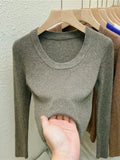Photos U-neck Knitted Sweater For Women's Autumn Long Sleeved Top Girls Simple Base Jumper GT8311-Outfit