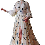 Fongt New Multi-Colored Half-High Collar Glide Open Lantern Sleeve Sleeve Chiffon Dress Chiffon