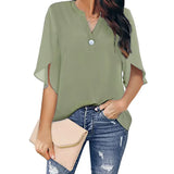 Fongt Women's Women's Short Sleeve Elegant Casual Solid Color V Collar Chiffon Shirt Chiffon