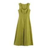 Fongt New Linen Solid Color Sleeveless Collar Fan Flute Dress 6962030