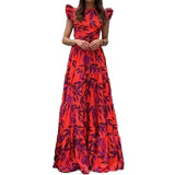 Fongt 2025 Dopamine Women's Printed Round Collar Long Lotus Leaf Side Dress