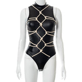 Faux Leather PU Black Bodysuit Women Bandage Rope Harness Lingerie Sleeveless Bodycon Rompers 2021 Cosplay Safari One