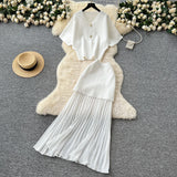 Fongt Two-Piece Skirt 2025 Summer High-End Short-Sleeved Knitted Top High-Waisted Splicing 100-Folded Skirt