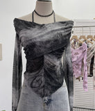 Real Shot Shoulder Strap Hanging Neck Pure Lust Wind Long-Sleeved T-Shirt Repair Cross-Folded Open Fork Short Top