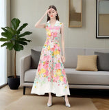 Fongt Women's Dress 2025 Holiday Style Suit Collar Sleeveless Lace Floral Print Long Dress