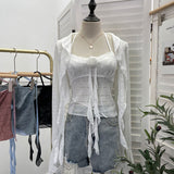 Fongt Shooting Pure Lust Style Set Hanging Neck Lace Hollow Sling Sling Vest + Short Lotus Leaf Side Shirt 88968