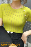 Tee Shirt Femme Knitted Hollow Out T Shirt Button Short Sleeve Tshirt Women 2023 Summer Casual Thin white T-Shirt