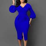 Fongt Women's V-Neck Bubble Bubble Sleeve Open Fork Dress Office Pencil Dress African Dress