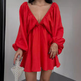 Fongt New V-Necked Long-Sleeved Dress Independent Design Bubble Sleeve Dress