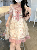 Kawaii Lolita Party Mini Dress Women Print Korean Style Sweet Cute Fairy Dress Japanese Casual Elegant Dress Summer