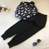 Print Knitted 2 Piece Sets For Women Casual Loose V-neck Sweater Pullovers Outfits And Contrast Color Harem Pants