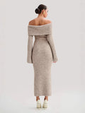 Fongt Women's Elegant Style Fashion Collared Shoulder Dress Knitted Long Dress