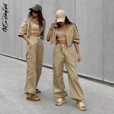 Wide Leg Pants Women Trousers Streetwear Y2K Clothes Loose Drawstring Pockets Cargo Pants Straight High Waist