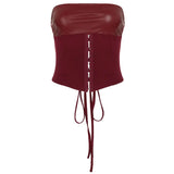 Fongt Leather Suit PU Leather Splicing Waist Tsets Hollow Folding Net Lace-Uped Ass Skirt