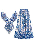 Shoulder Lotus Side Deep V-Piece Swimsuit Women's Half-Dress Two Sets Of Retro-Print