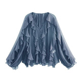 Fongt 2025 New Women's V-Neck Single Buckle Long-Sleeved Cascade Decorative Shirt 10 Colors