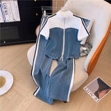 Fongt Zippered Cowboy Splicing Two Sets Of Spring And Autumn 2025 New Cowboy Splicing Long Sleeve Tops Wide Leg Trousers