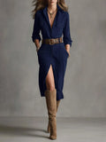 Fongt Autumn And Winter 2025 Autumn And Winter Velvet Temperament Buckle Shirt Collar Long Dress With Belt