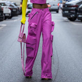 Fongt 2024 New Street Trend Multi-Pocket Pu Design Sense High Waist Slim Straight Pants Women's Loose Cargo Pants-Outfit