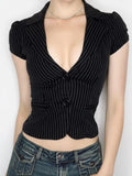Fongt Hottie Wind Depth V Collar Striped Shirt Two Buckle Cardigan Waist Type Short-Sleeved Commuting Base Suit