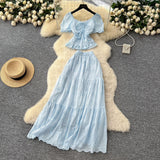 Fongt Temperament Wears A Female Waist-Waisted Collar Bubble Sleeve Shirt High-Waisted Embroidered Half-Dressed Skirt Holiday Style Set