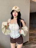 Fongt Temperament Babes White Slings Summer New Wear Lace Sexy Vest Short Sleeveless Top