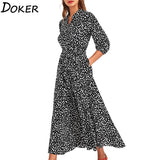Polka Dot Chiffon Dress Women Turn-down Collar 3/4 Sleeve Belt Elegant Ladies Midi Dresses Boho Casual Long Shirt