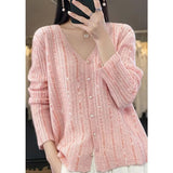Fongt 2025 New Cardigan Women's V-Necked Squints Sweater Jacket Loose Pearl Buckle Knitting Top