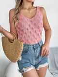 Shooting Summer New Solid Color V-Neck Hollow Leaves Sleeveless Knitted Shirt Holiday Vest Women's