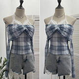 Lace Hanging Neck Shoulder Mesh Yarn Long-Sleeved Top Design Y2k Short Repair T-Shirt
