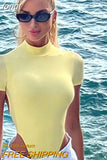 Bodysuit Top Women Solid Khaki Black Body Short Sleeve T Shirt Summer Clothes Patchwork Streetwear Beach Mesh